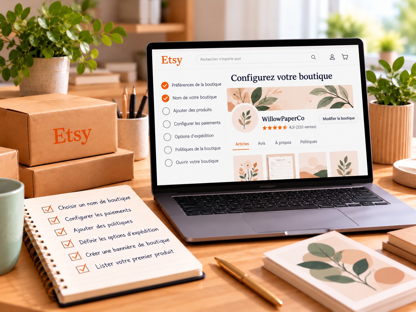 Liste de contrôle de configuration d'une boutique Etsy sur un ordinateur portable, avec un carnet listant des étapes comme choisir un nom de
