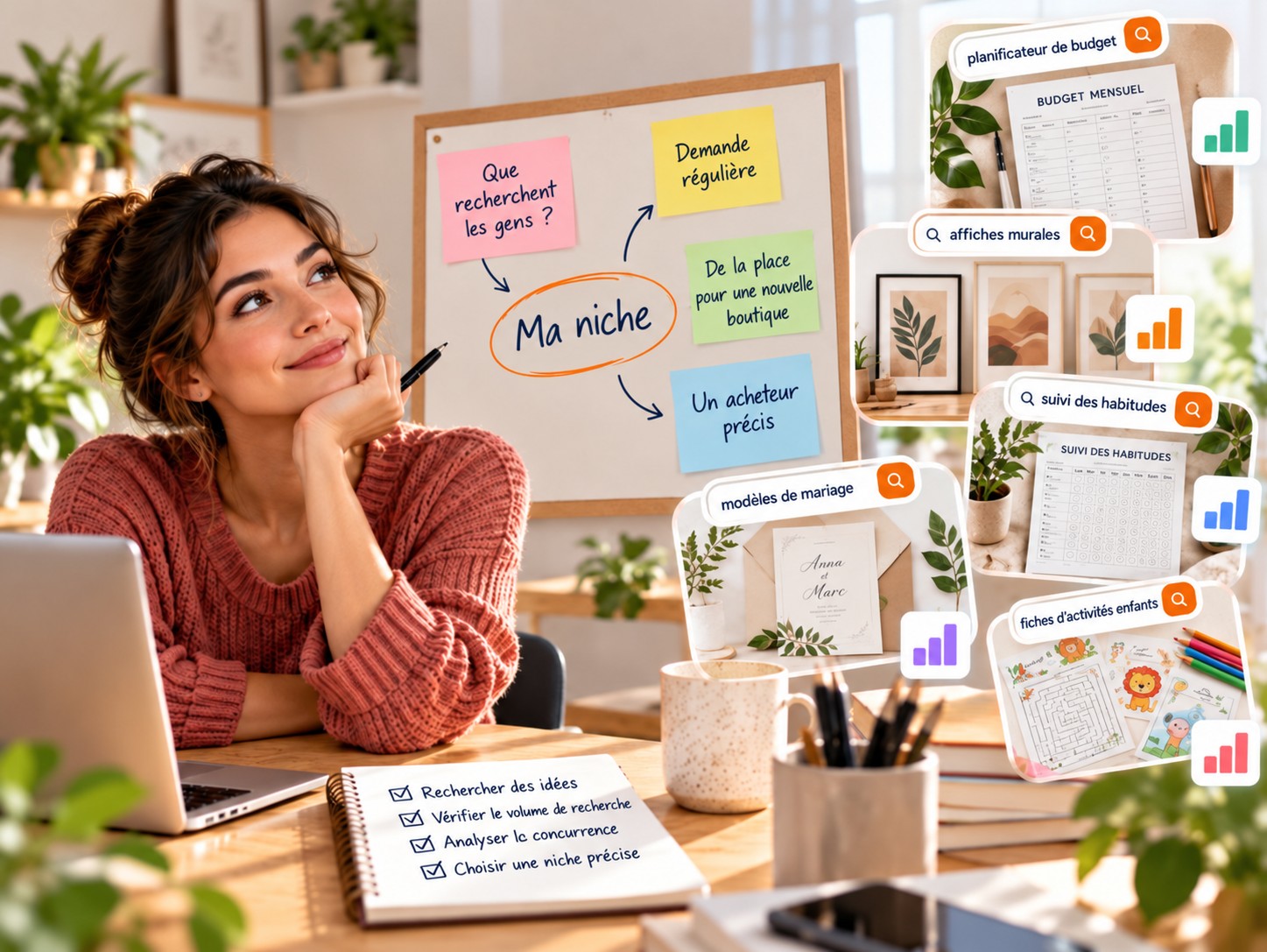 Femme réfléchissant à sa niche sur un tableau blanc, avec des exemples de recherches Etsy comme planner budget, affiches murales et suivi d'