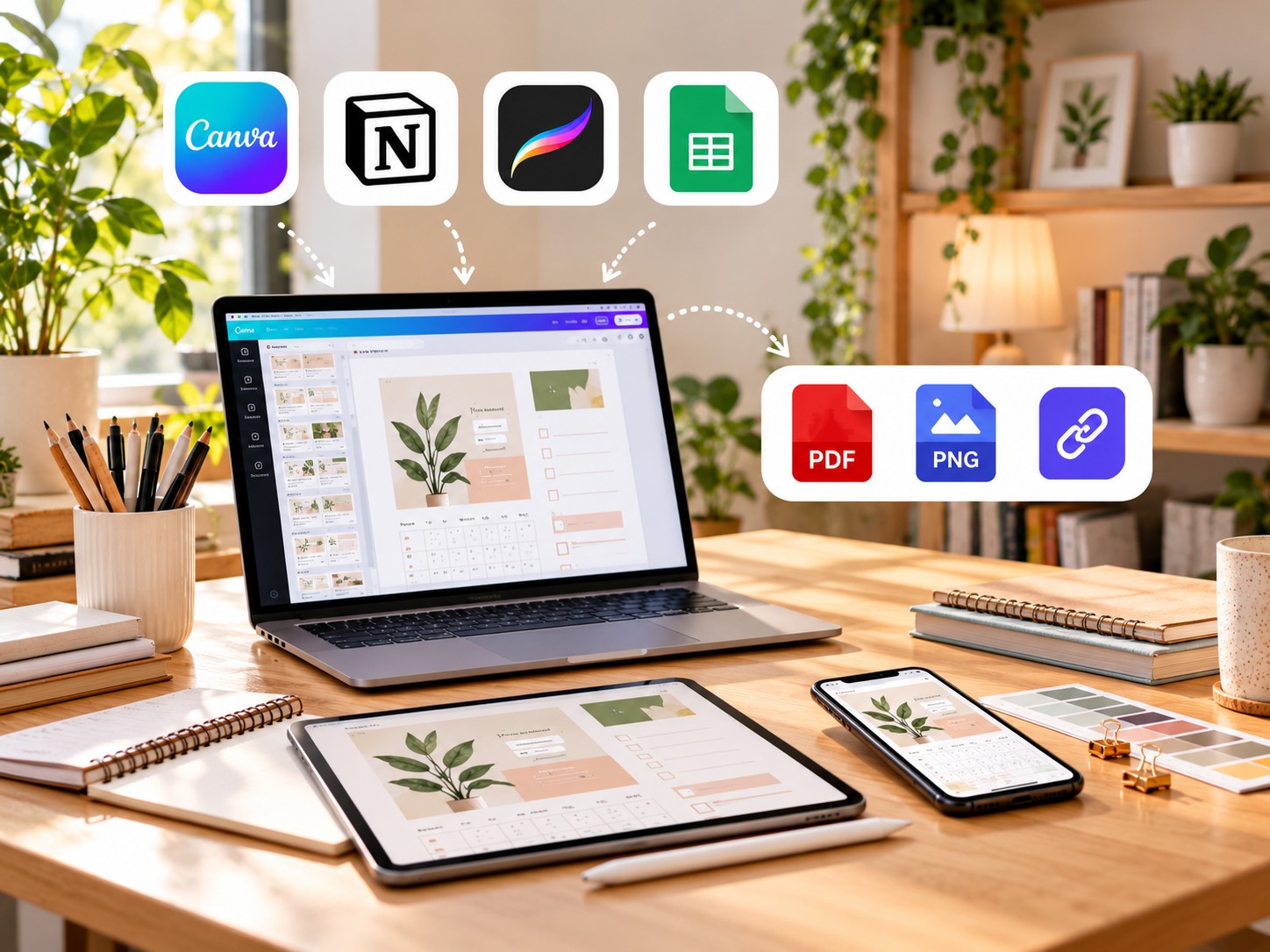 Icônes de Canva, Notion, Procreate et Google Sheets menant à un visuel sur un ordinateur portable, avec des options d'export PDF, PNG et lie
